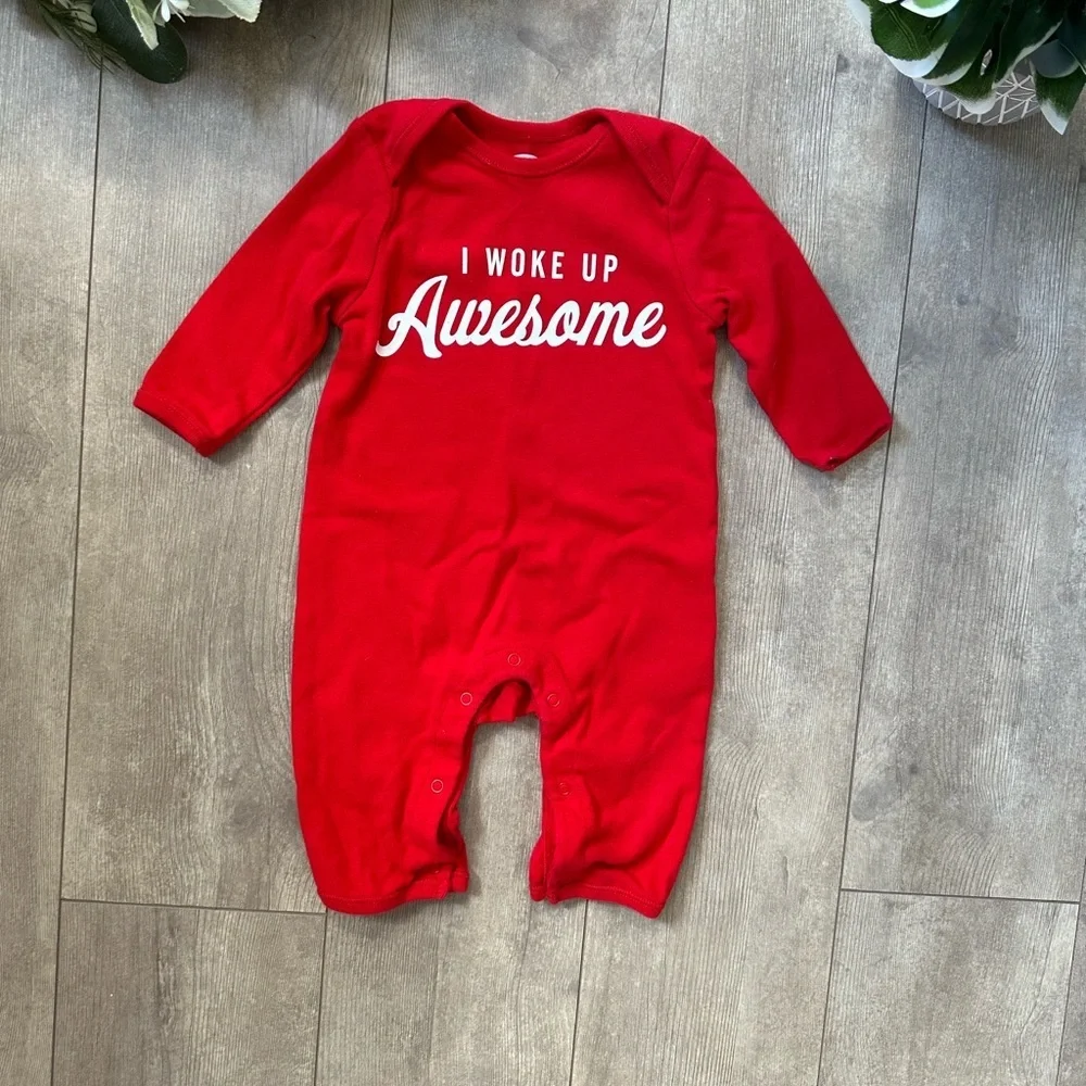 Old Navy Red 'I Woke Up Awesome' Kids One Piece Coveralls Romper 3-6 Months